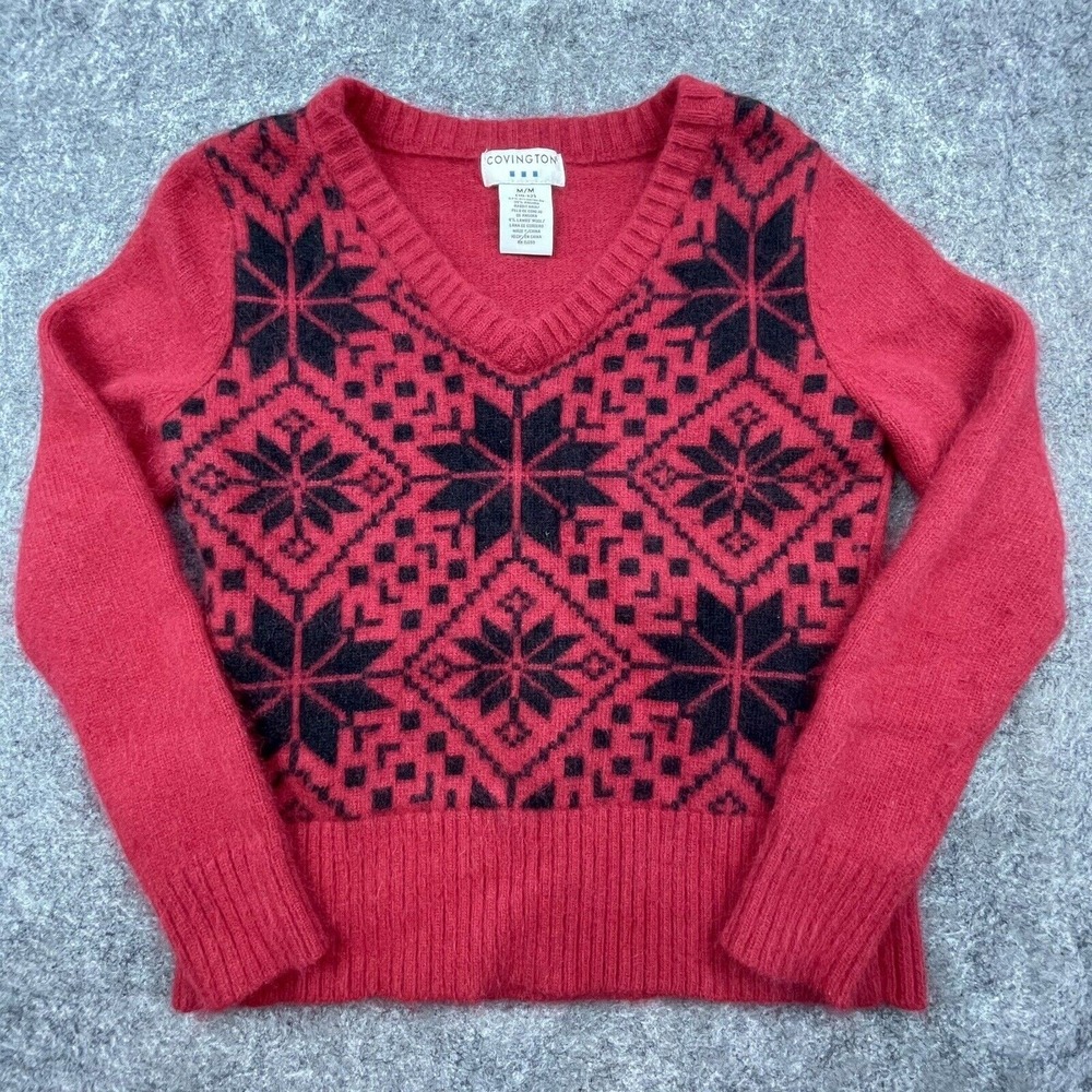 Covington Sweater Womens Medium Red‎ Black Snowflakes Angora Wool Fuzzy Holiday